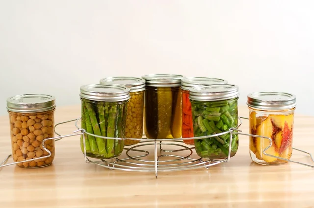Jars resting in the canner rack