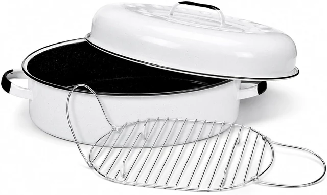 18-inch white oval roaster, lid and rack